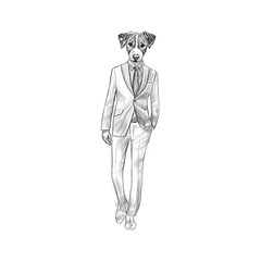 Sketch Jack Russel Terrier in Hipster Suit. Hand drawn face of d
