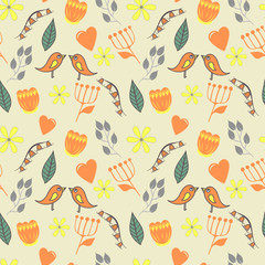 spring lovely seamless pattern with flovers and birds