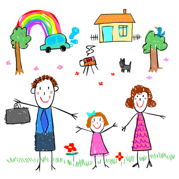 girl with family drawing picture vector illustration