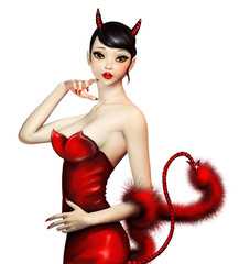 Sexy devil girl in red costume with big eyes