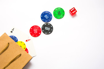 Fototapeta na wymiar cardboard bag with poker supplies