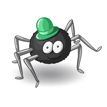 Cartoon cute spider in hat isolated on white background.