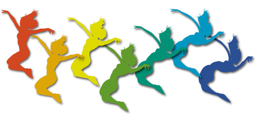 Illustration of a woman jumping that transforms froman abstract to final jumper