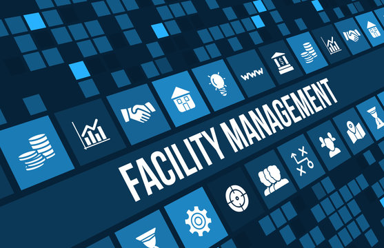 Facility management concept image with business icons and copyspace.
