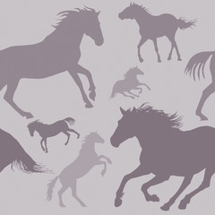 A repeating illustration of horse silhouettes all in shades of grey