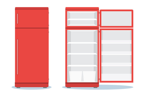 Refrigerator Opened With Food. Fridge Open And Closed With Foods