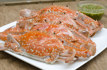 steamed crabs on wood background