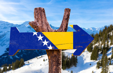 Bosnia and Herzegovina Flag wooden sign with winter background