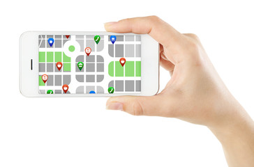 Male hand holding smart phone with map gps navigation application isolated on white