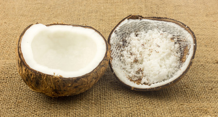 Fresh coconut on brown background