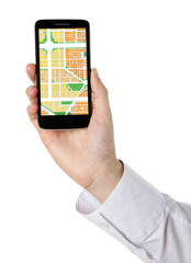 Male hand holding smart phone with map gps navigation application isolated on white
