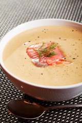 Avocado cream soup with salmon