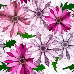 Vector seamless pattern with hand-drawn flowers.