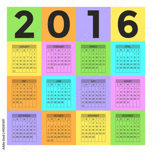 "Color block calendar for 2016 year" Stock image and royaltyfree