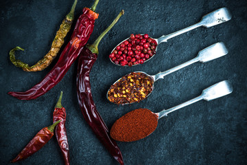 Dried hot peppers, food background