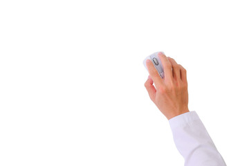 Top view Hand Holding Using Clicking Computer Mouse isolated on white background