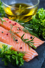 fresh salmon steaks with herbs and lemon