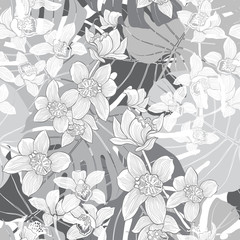 Tropical seamless pattern with orchids and palm leaves. 