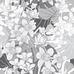 No drill blackout roller blinds Orchidee Tropical seamless pattern with orchids and palm leaves. 