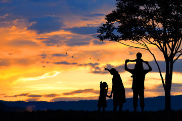 Fototapeta na wymiar silhouette of a happy family of five people, mother, father, baby, child and infant(women prenancy)