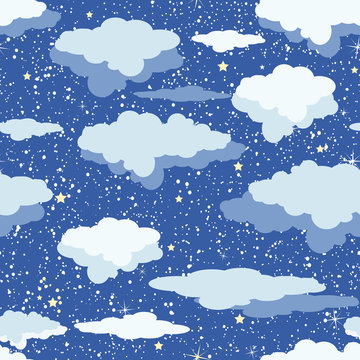 Seamless pattern of clouds and stars on dark blue sky. Texture for wallpaper, web design, fabrics and wrappers.