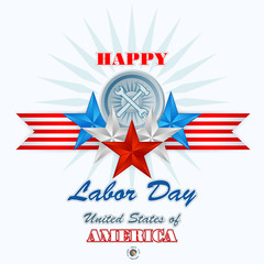 Labor day, abstract computer graphic design with hammer and wrench; Holidays, layout, template with blue, white and red stars as national flag colors for American Labor Day