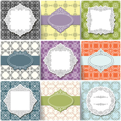 Templates, frames, labels set. Seamless patterns in vintage style. Bright colors.