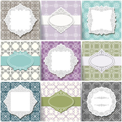 Templates, frames, labels set. Seamless patterns in vintage style.