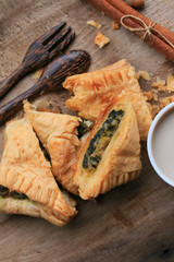 tasty puff spinach pie and soybean milk