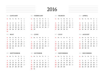 Calendar 2016. Vector Print Template. 12 Months. Week Starts Sunday