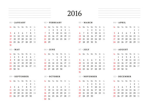 Calendar 2016. Vector Print Template. 12 Months. Week Starts Sunday