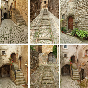 group of images with beautiful old cobbled streets in Italy