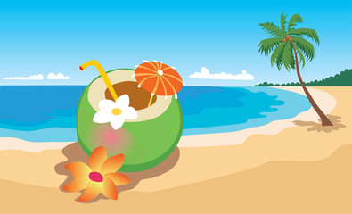 coconut lying on the beach, tropical cocktail, vector illustrati