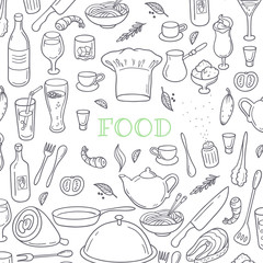 Food and drink outline doodle background. Hand drawn kitchen - 90402821
