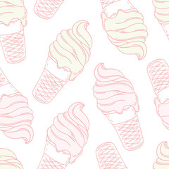 Twisted ice cream in a waffle cone. Stylized seamless pattern