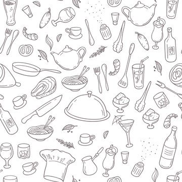Food and drink outline seamless pattern. Hand drawn kitchen