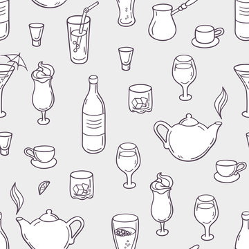 Seamless pattern with stylized doodle drinks in vector