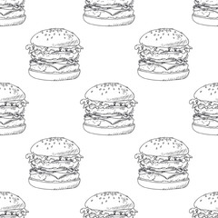 Seamless pattern with sketched burger, cheeseburger or hamburger - 90403002