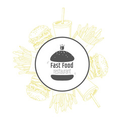 Fast food background and round label with hand drawn burger - 90403023