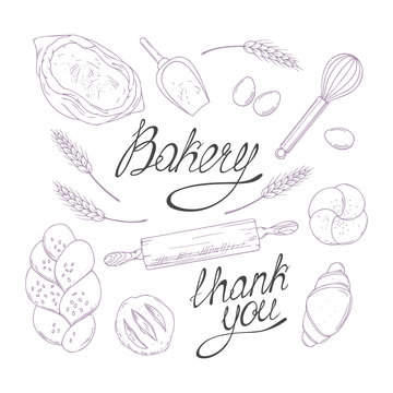 Bakery sketched illustrations in vector. Hand drawn groceries