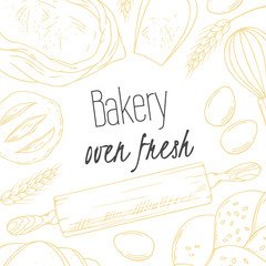 Bakery sketched illustrations in vector. Background with hand