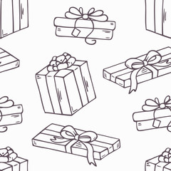 Hand drawn gift box outline seamless pattern in black and white - 90403883