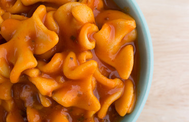 Canned pasta lasagna in a green bowl