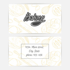 Bakery business cards with hand lettering logo. Sketched baking background