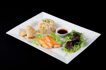 menu of grilled fish with rice and vegetables