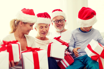 happy family sitting on couch at home