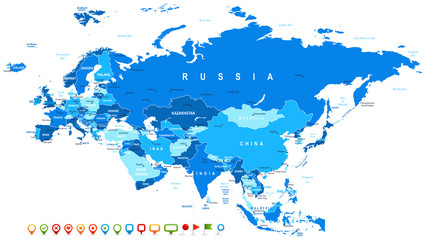 Fototapeta premium Mapa Eurazji - bardzo szczegółowe ilustracji wektorowych. Obraz zawiera kontury terenu, nazwy krajów i terenów, nazwy miast, nazwy obiektów wodnych, ikony nawigacji.