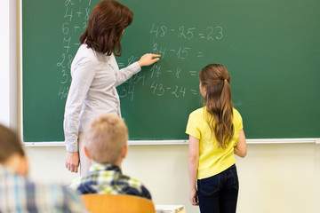 schoolgirl and teacher with task on chalk board