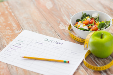 close up of diet plan and food on table