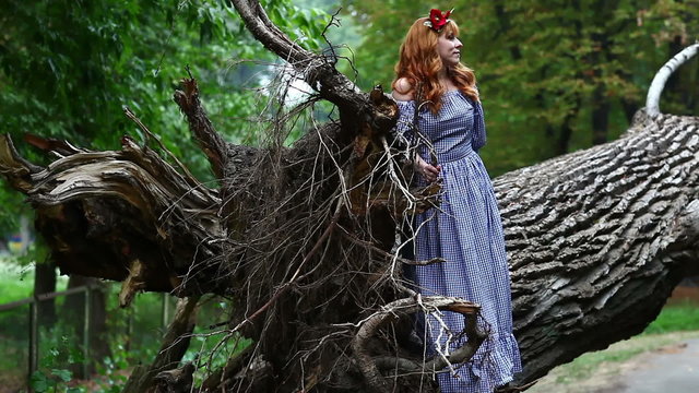 Girl among driftwood looks around. She in the fairy forest.